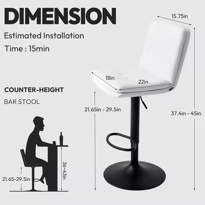 Image of Creative Black Adjustable Bar Stool Chair | PU Leather Cushion Seat with Backrest | Hydraulic Gas Lift | Metal Base with Footrest | Kitchen Counter, Bar, Cafe, Home Furniture | Pack of 1