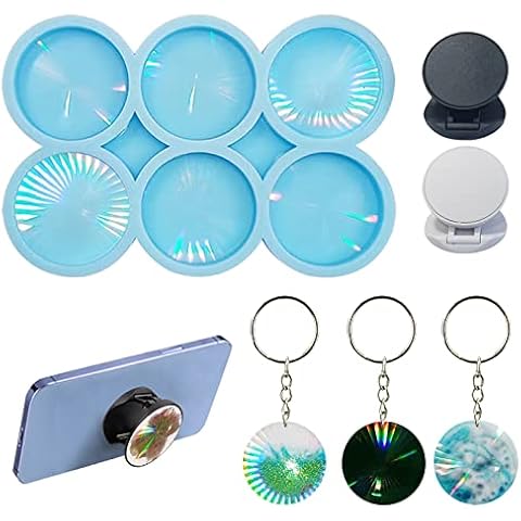 Phone Grip Mold with 6PCS Cellphone Socket Phone Holder Epoxy Resin Molds Holographic Light and Shadow Mold 6 Cavity Circle Casting Molds DIY Silicone Mold for Crafts Brooch Jewelry Making Supplies Cover