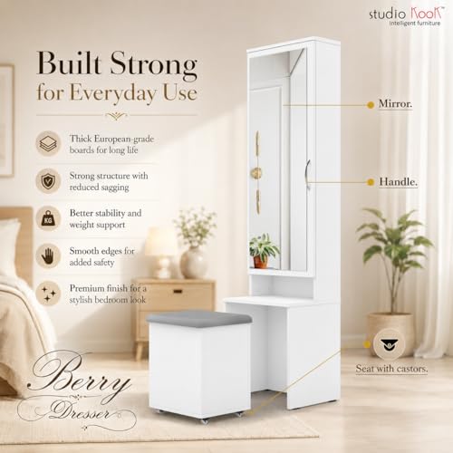Image of Studio Kook Berry Dressing Table with Mirror & Stool, Moonshine White | Engineered wood unit with a 109 x 40 cm mirror, concealed shelves and cushioned storage stool on castors. Height: 179 cm.