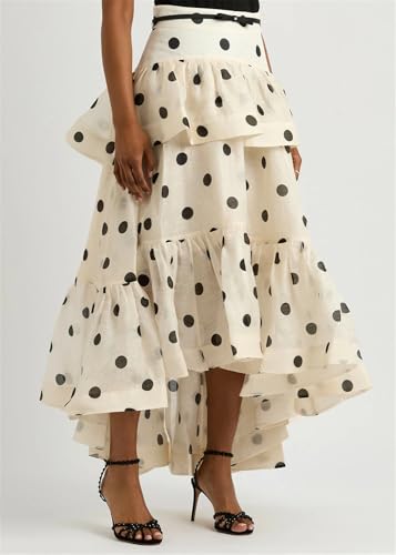 Wuitrie Polka Dot Long Skirt for Women 2025 Trendy Spring Summer Ruffle Irregular Medium Long Pleated Skirts4