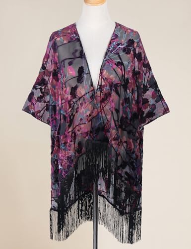 Image of MJ SERECA Women's Burnout Velvet Kimono Cardigan Cover Up with Tassel