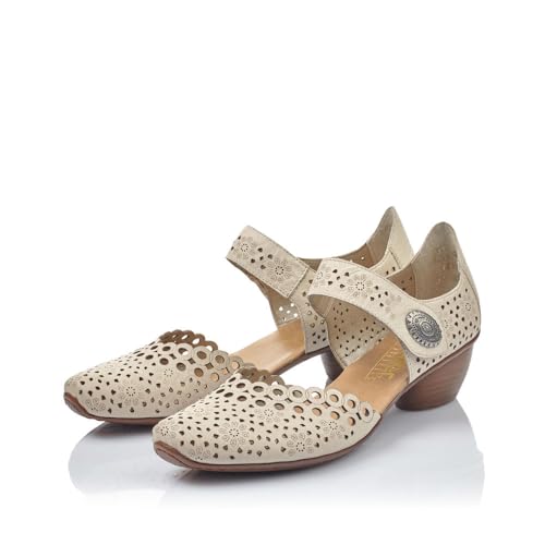 Image of Rieker 43753 Mirjam Women's Mary Jane Heels - Low-Heel Leather Shoes with Adjustable Ankle Strap & Laser-Cut Design - Comfortable Women's Heels for Casual & Dressy Wear