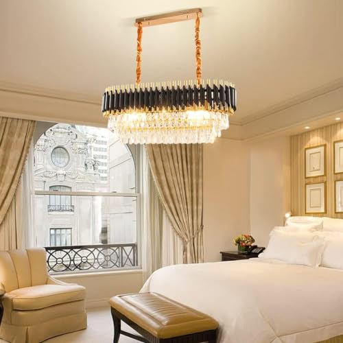 Image of Luxurious 800X300mm Black Gold Modern Chandelier with K9 Crystals | Warm White, Moonlight & Golden Light | Ceiling Hanging Light for Living Room, Dining Room, Bedroom, Hallway