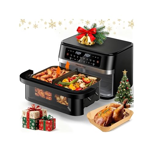 HoninJoy 12QT Large Dual Basket Air Fryer with Flex Basket, Viewing Window and 50PCS Paper Liners, 12-in-1 Family Size with Sync & Dual & Light, Double Zone for Bake, Roast, Reheat, Dishwasher Safe