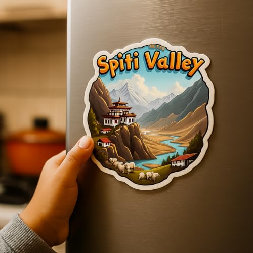 Image of Naxon Spiti Valley Fridge Magnet | Key Monastery Himalayan Road Trip Souvenir | Snow Mountains & Adventure Travel Decor | Home Kitchen Office Refrigerator Magnet | 3x3 Inch Wooden Multicolor Gift