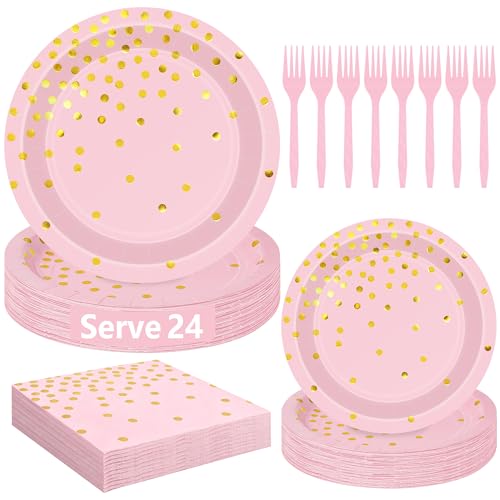 QZYL 96 Pcs Pink and Gold Plates and Napkins Serves 24, Birthday Decorations for Women, Bridal Shower Plates and Napkins Sets, Breast Cancer Decorations Baby Shower Decorations with Napkin, Forks