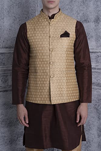 Image of Uri and MacKenzie Men's Silk Blend Regular Kurta Churidar Pyjama with Bundi Nehru Jacket /Waistcoat