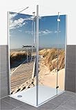 ARTLAND Duschrückwand Eck mit Motiv Fliesenersatz Alu Rückwand Dusche Verkleidung wasserfest Duschwand Bad 2 Segmente Wunschmaß Natur Strand Nordsee Sand Meer Steg T5RM