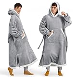 Bedsure Wearable Blanket Hoodie, Long Hooded Blanket Sweatshirt as Christmas Birthday Gifts for Men, Cozy Sherpa Hoodie for Adult, Oversize, Grey