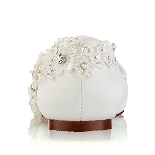 Emily Bridal Wedding Shoes Women's Silk Like Satin Chunky Heel Pumps with Stitching Lace Flower Crystal Pearl4