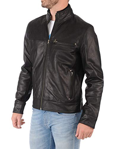 Image of 100% Leather Jacket for Men - Round Collar Slim Fit - Moto, Bomber, Biker Winter Casual Wear