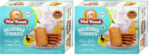 Image of MidBreak Handmade Atta Biscuits with Desi Ghee | Eggless Vegetarian Cookies | Premium Tea-Time Snack | 300g Pack | Traditional Taste | Pack of 2