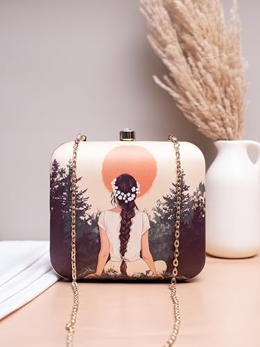 Image of Artklim Printed Box Clutch for Girls - Cross Body Purse with Detachable Golden Chain Strap