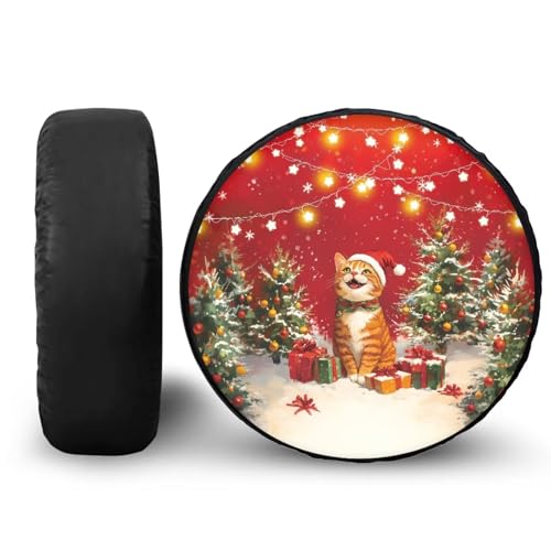 Image of Christmas Cute Cat Spare Tire Cover PU Leather, Wheel Protection Universal for SUV, Truck, RV, Camper, Trailer, 5 Sizes from 14-18 Inches, Accessories 15-Inch Fits Tire Diameter 27.6 inch-29.5 inch