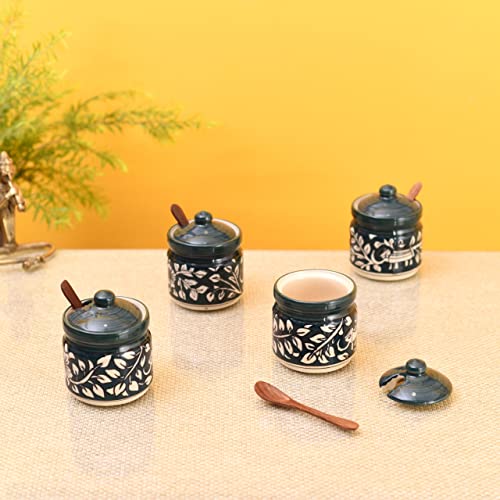 Image of AAKRITI ART CREATIONS Jungle Elephants Pickle Barni Set of 4 with Spoon | Ceramic Achar ki Barni & Mukhwas Box | Handcrafted Madhubani Storage Jar for Spice, Pickle & Chatni