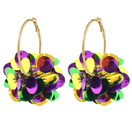 Dreuyet Colorful Mardi Gras Earrings for Women Glitter Carnival Theme Mask Feather Earrings Shiny Big Ball Fireworks Hoop Earrings Charm Fleur De Lis Dangle Earrings Gifts (Round) by Dreuyet - Used condition - US$5.03