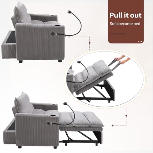 Image of HAOMARKETS 3-in-1 Convertible Loveseat Sleeper Sofa Bed, 2-Seat Pull Out Couch with Cup Holders, Phone Holder and USB Ports, Corduroy 3-Level Adjustable Backrest Couches for Living Room, Grey