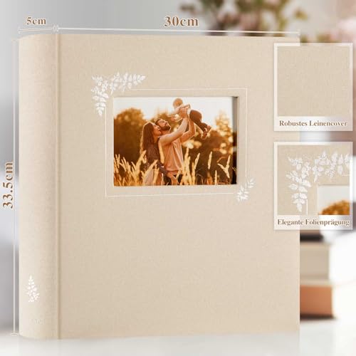 Lanpn Album fotograficzny do scrapbookingu, Duży Album lniany Projektowanie okien, 100 białych stron z pergaminowymi przekładkami na zdjęcia 9x13cm 10x15cm 13x18cm (30x33,5cm, beżowy)