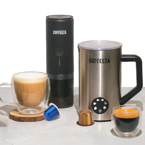 Image of COFFEEZA Finero Mini Espresso Machine & Frothimo Pro Milk Frother Combo - Portable Coffee Maker with 6-in-1 Frother for Hot & Cold Foam, Perfect for Travel, Home, Camping, and Office Use
