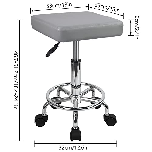 KKTONER Square Rolling Stool with Foot Rest PU Leather Height Adjustable Spa Drafting Salon Tattoo Work Swivel Stools Task Chair Small (Gray) - Thumbnail 3