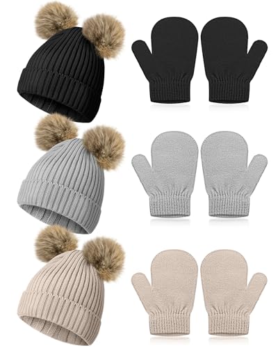 SATINIOR 3 Set Toddler Hat Glove Set, Kids Winter Hats Warm Knitted Beanie Mittens Gloves with Bow for Baby Girls Boys 0-6Y