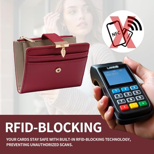 Image of Pomelo Best Wallet Women Bifold Leather Wallets for Women Credit Card Holder with ID Window Zipper Coin Pocket Red