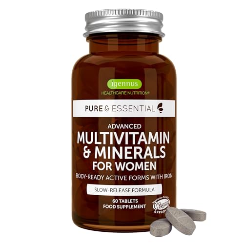 Igennus Multivitamínico Mujer, Hierro Suave, 21 Nutrientes Activos, Puro y Limpio, Aporte de Nutrientes Durante todo el día,Vitaminas B de Alta Potencia, Fácil de Tragar,60 compimidos Veganos,30 Dosis