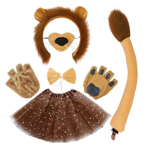TUONYIS 6 Piezas Set de Accesorios Vestuario de León,Orejas Cinta para el Pelo Pajarita Nariz Cola Mitones Estrella Falda,para Niñas Animal Disfraz Cosplay Vestido Fiesta Cumpleaños Halloween(León)