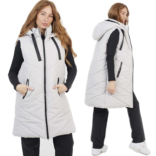 Image of M1427 LADIES Longline Hooded Gilet, Women's Quilted Sleeveless Puffer Vest, Black, Full-Zip with Pockets (UK, Numeric, 14, Regular, Regular, STONE)