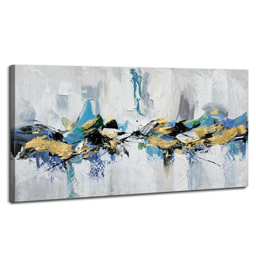 WENGTIAO Grande Astratto Quadro Dipinto a Mano, Pittura Acrilica, Quadri Moderni Astratta con Texture, Quadro Blu Nero Oro Bianco e Grigio su Tela per Soggiorno Decorazioni Parete 120x60 cm