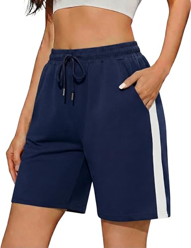 Aseniza Kurze Hose Damen Shorts Damen Sporthose Bermuda Sweatshorts Hohe Taille Trainingshose Kordelzug Taschen für Yoga Wander Running Alltag Spaziergang Outdoor Dunkelblau L
