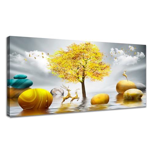 WENGTIAO Elk Gold Money Fortune Tree Canvas Wall Art Prints Large...