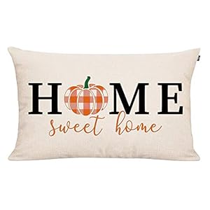 GTEXT Fall Throw Pillow Cover Autumn Decor Home Sweet Home Plaid Pumpkin Pillow Cover 20×12 inch Outdoor Pillow Linen Square Pillow Cover for Cushion,Sofa Fall Pillow Cover