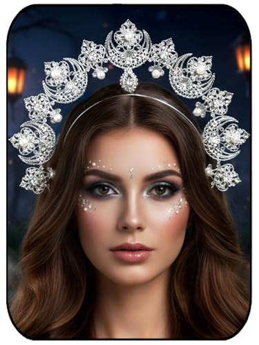 Formery Moon Goddess Crown Silver Pearl Halo Headband Halloween Festival Rhinestone Star Mary Halo Headpiece for Women
