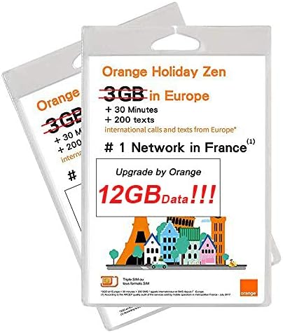 Orange Holiday Europe Prepaid SIM Card 3GB (Currently 12GB Promotion) Internet Data in 4G/LTE (Data tethering Allowed) + 30mn + 200 Texts from Europe to Any Country Worldwide (12GB Pack of 2)