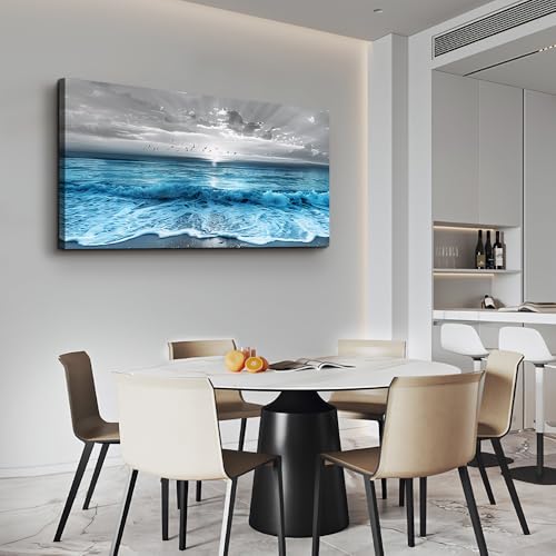 ERQINHUA Wall Decor For Living Room Canvas Wall Art For Bedroom Office Decorations Blue Sea Wave Ocean Paintings Beach Wall Pictures Canvas Artworks Modern Home Decor Mural Ready To Hang 20"X40"