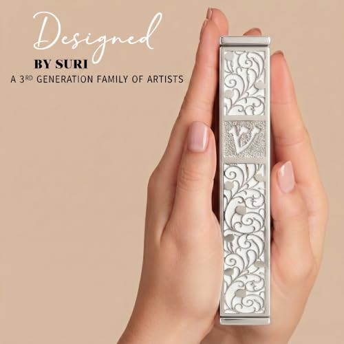 Image of SURI Mezuzah for Door with Scroll, 7 Inch Silver and White Mezuzah Case with Non Kosher Scroll Inside, Fits a up to 6 Inch Scroll, Includes Adhesive and Gift Box