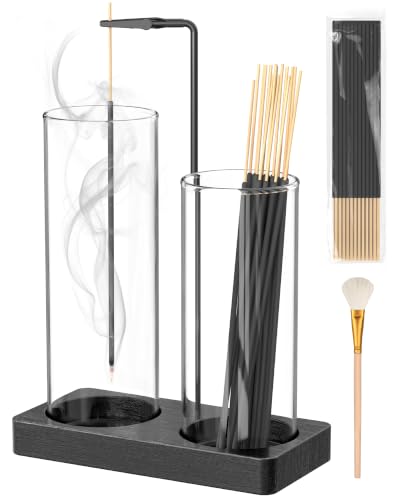 2 in 1 Incense Holder for Sticks with Glass Jars, Upside Down Anti-Ash Incense Stick Burner for Outdoor Patio, Vertical Incense Holder with Storage for Home Decor Spa Meditation and Black