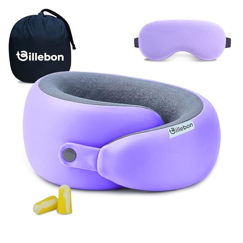 Image of Billebon Ultrasoft Memory Foam Neck Pillow for Travel, Lightweight Comfortable & Breathable Cover, Airplane Travel Pillow Combo with Premium Eye Mask and Carry Bag. (Lavender)