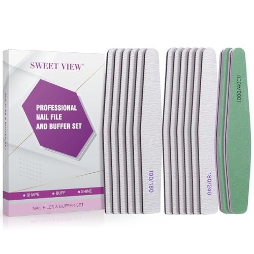 SWEET VIEW 14PCS Nail Files & Buffers for Natural Gel and Acrylic Nails | Professional Emery Boards and Buffing Blocks Kit (100/180/240/1000/4000 Grit)