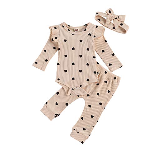 Image of Newborn Kid Baby Girl Clothes Set Heart Print Long Sleeve Bodysuit Top Pant Elegant Sweet Outfit 0-24M (Apricot, 0-6 Months)