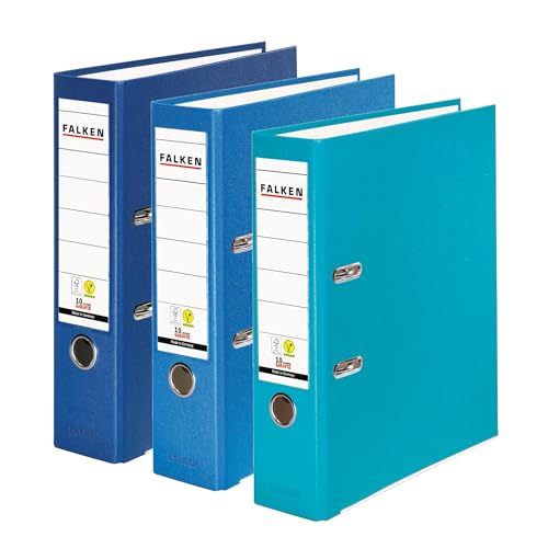 Falken 3er Pack PP-Color Ordner Made in Germany 8 cm breit DIN A4 farbig sortiert Ocean Vegan Kunststoffbezug außen Papierbezug innen mit austauschbarem Rückenschild