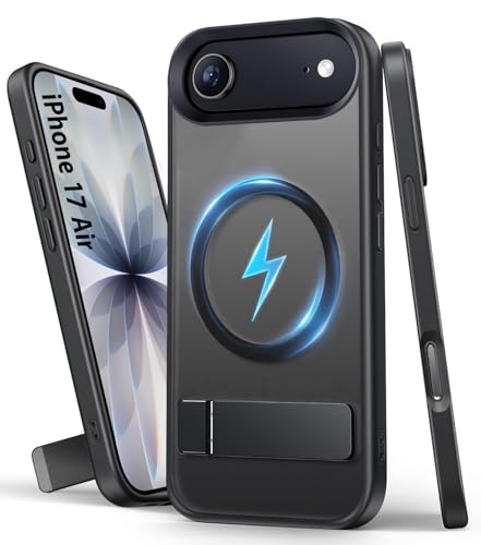 Image of Elzzi Translucent Matte Kickstand Case for iPhone 17 Air, Built-in Adjustable Camera Stand, Magnetic MagSafe Shockproof Phone Cover (Black)