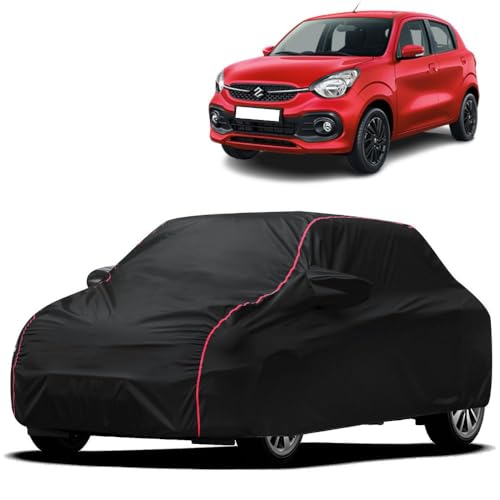 Image of Waterproof Car Cover for Maruti Suzuki Celerio | All-Weather Protection, Dustproof & UV Resistant | Triple Stitched Mirror Pockets, Windproof Buckle Strap with Elastic Hem, Black-Red Piping