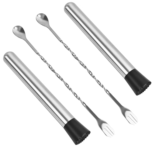 8-Inch Stainless Steel Muddler for Cocktails and Lemonade - Bar Spoon and Stirrer for Mojitos, Fruit Drinks - 4pc Bar Set Accessories with Long Handle