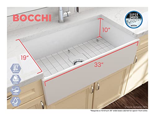Bocchi Contempo Farmhouse Apron Front Fireclay 33 In. Single Bowl Kitchen Sink With Protective Bottom Grid And Strainer In White #TOP1