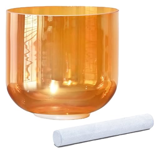 432Hz オレンジカラー クリア クリスタル シンギングボウル ヨガ 瞑想 & サウンドバス用 クォーツ チャクラ サウンドボウル スエード マレット & Oリング付き(Without case,7inch A note)