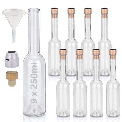 Flaschen Set 9 x 250ml hochwertige Glasflaschen leer mit Korken Schrumpfkapseln & 1 Trichter zum...