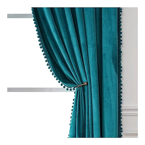 Image of Amazon Brand - Umi blackout Velvet Eyelet Door Curtains with pom pom Lace for Living Room Bedroom Kitchen 1 pc Pack in Deep Teal Color (Door - 4 feet x 7 feet)|Solid