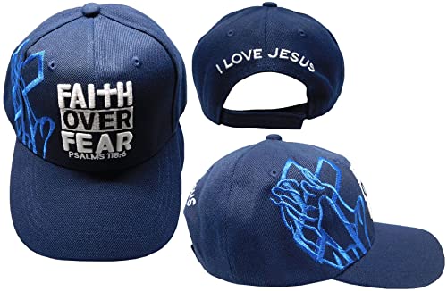 Faith Over Fear Psalms 118:6 I Love Jesus with Royal Blue Shadow Navy Blue Acrylic Adjustable Embroidered Baseball Hat Cap